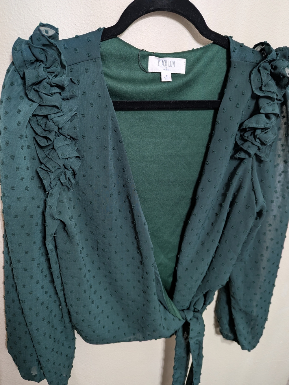 Peach Love California Dark Green V-Neck Ruffle Wrap Blouse